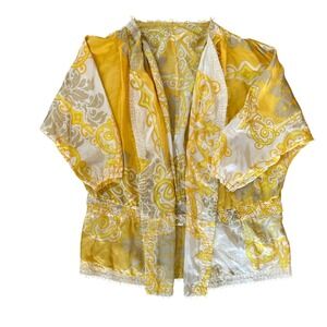Silk Yellow Damask Smocked Waist Kimono Jacket Open Front Frayed Edge Boho L/XL